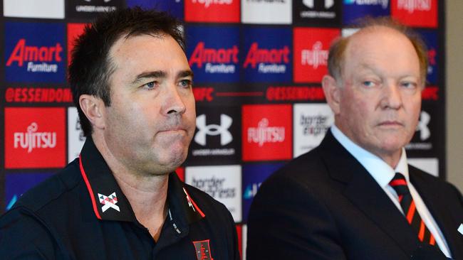 MELBOURNE, AUSTRALIA - NewsWire Photos SEPTEMBER 30TH, 2022: Newly-appointed senior coach Brad Scott, with Essendon President David Barham,  speaking to the media at the NEC Hangar. Picture: NCA NewsWire / Nicki Connolly