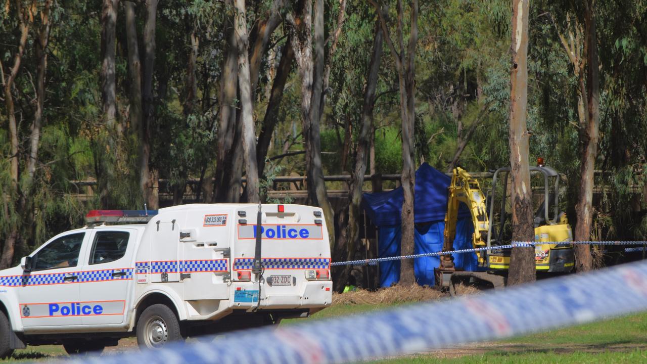 Homicide detectives on the banks of the Condamine River at the Chinchilla Weir in early March 2020 after Tane confessed to undercover agents where Kaydence’s body was burried.