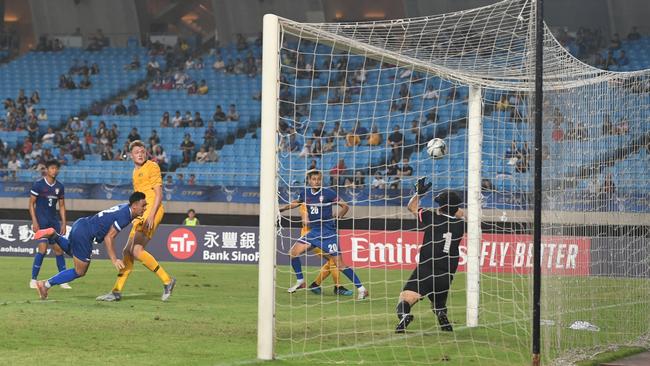 Socceroos defender Harry Souttar scores against Chinese Taipei overnight. Picture: Getty Images