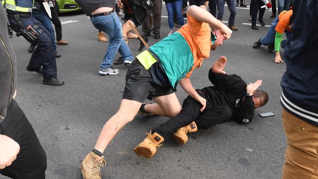 Ricky Turner in a Toll uniform at the clash between opposing factions at Milo Yiannopoulos’ Melbourne appearance. Picture: AAP Image/James Ross