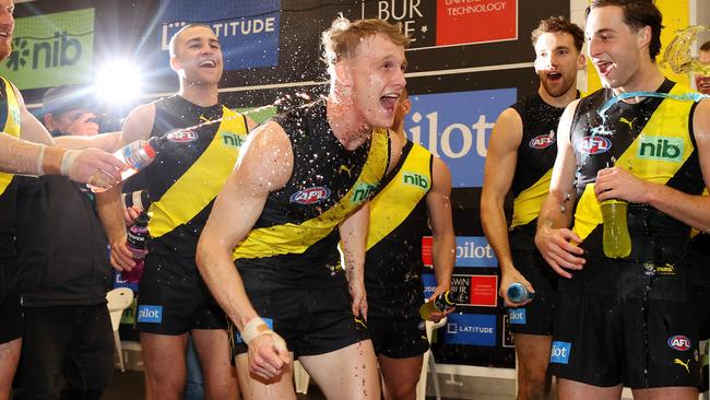 Noah Cumberland celebrates his first AFL win. Picture: Mark Stewart