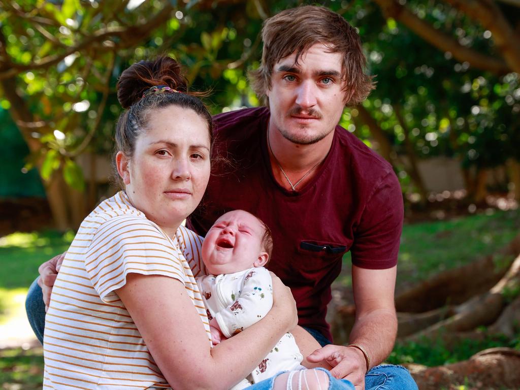 Jessie Evans and Billy Blacker with their son Rocka, 4 months, in Double Bay. The family travelled to NSW for medical treatment for Rocka. Now they are having trouble getting back home. Picture: Justin Lloyd.