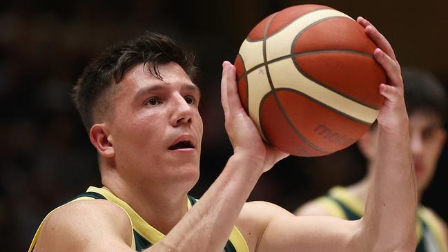 BENDIGO, AUSTRALIA - FEBRUARY 22: Dejan Vasiljevic of Australia shoots a free throw during the FIBA Asia Cup 2025 Qualifying match between Australia Boomers and Korea at Red Energy Arena on February 22, 2024 in Bendigo, Australia. (Photo by Daniel Pockett/Getty Images)