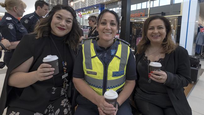 Northland’s Jenny Pike, Inpector Kelly Lawson and Darebin Councillor Lina Messina have a cuppa. Picture: Luis Ascui