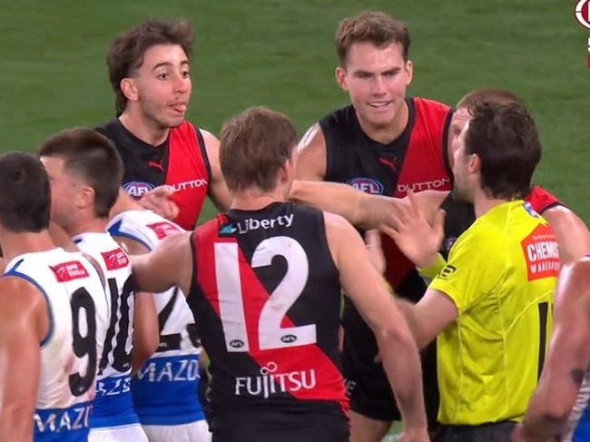 Bombers players react after a free kick was paid against them. Picture: Fox Footy