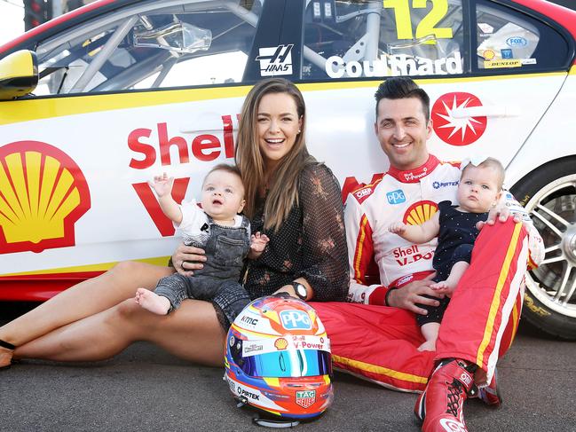Team Penske Driver Fabian Coulthard with partner Becky Lamb and their seven-month-old twins Carter and Mackenzie. Picture: Tim Hunter.