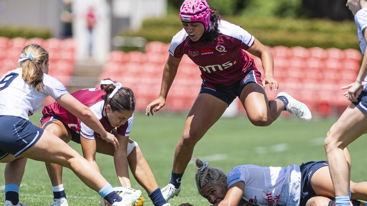 Rhani Hagan gets possession for Queensland Reds as Downs Rugby host Next Gen 7s at Toowoomba Sports Ground, Saturday, October 12, 2024. Picture: Kevin Farmer