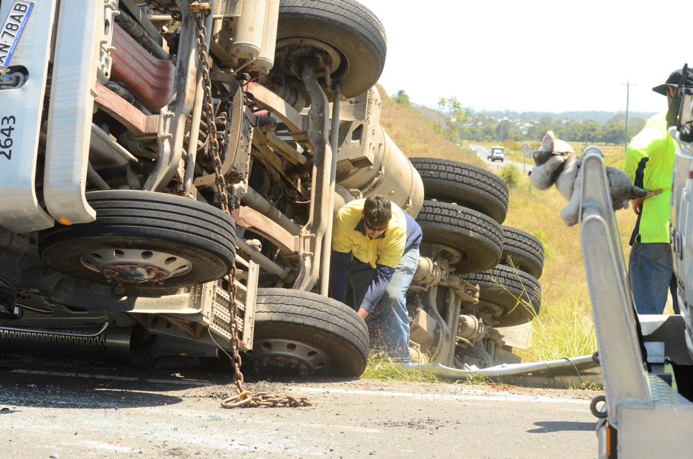 A cement truck came to rest in a ditch near the Pacific Highway, Centenary Drive intersection, north of Grafton, NSW. Picture: Jarrard Potter