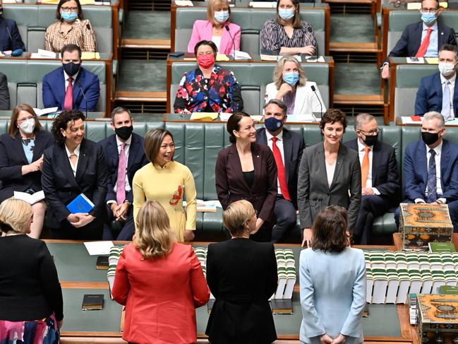 The independent MP for the federal seat of Mackellar, Sophie Scamps (centre in black), being sworn into Parliament on July 27. Picture: Supplied