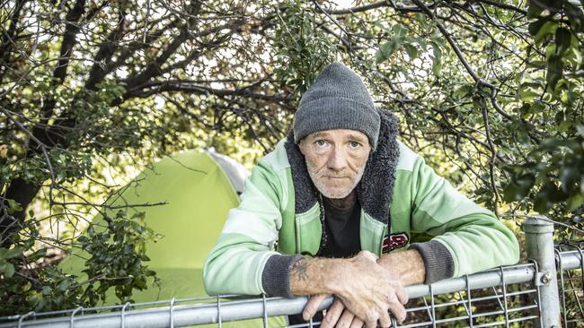 Homeless man Scott Wells, 49, lives in a tent near the Bridgewater Bridge. Picture: EDDIE SAFARIK