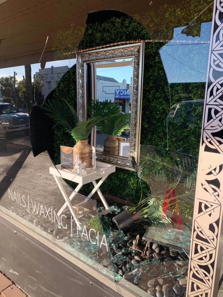 The shop front window that was smashed at Luxe Serenity Spar in Nanango. (Picture: Contributed)
