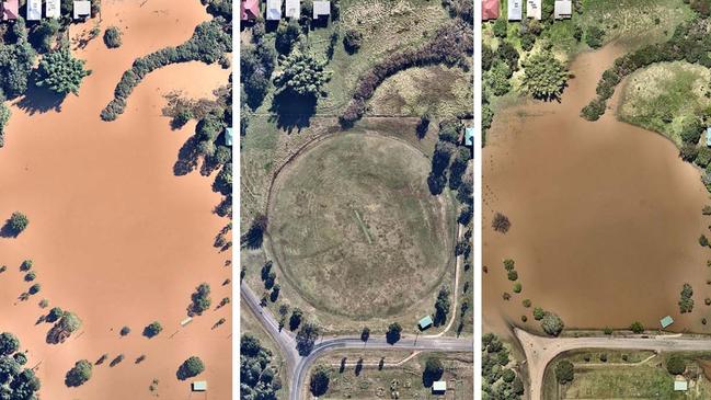 From April to July to November, Nearmap aerial images show the difference in floodwaters. Picture: Nearmap