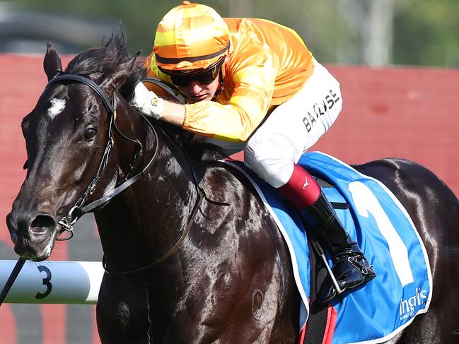 SYDNEY, AUSTRALIA - NOVEMBER 11: Regan Bayliss riding Shangri La Express wins Race 7 Inglis Golden Gift during Five Diamonds Ladies Day - Sydney Racing at Rosehill Gardens on November 11, 2023 in Sydney, Australia. (Photo by Jeremy Ng/Getty Images)