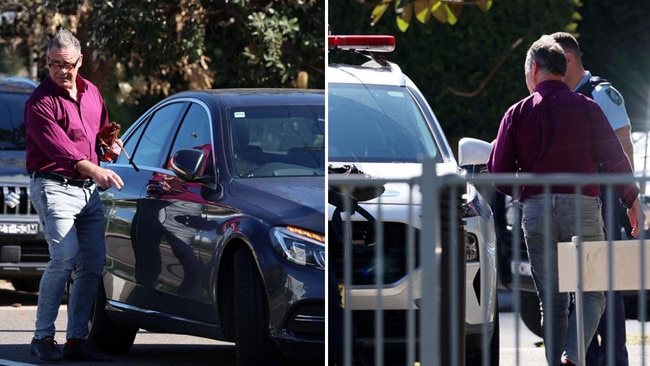 Andrew O'Keefe pictured leaving his residence, left, after news of a drug overdose breaks in Sydney. O'Keefe is later pictured, right, at Rose Bay Police Station being escorted to a vehicle by three officers. His belt, spectacles and shoes had been removed. Pictures: Matrix