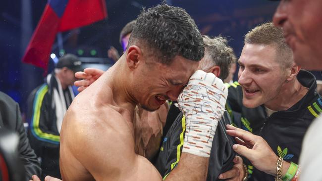 An emotional Jai Opetaia soaks in his remarkable, gutsy victory. Picture: Getty