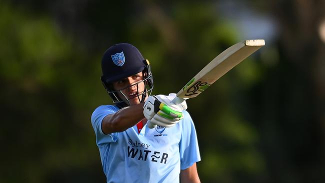 Sam Konstas celebrates his century for NSW in the one-day match against Queensland. (Photo by Albert Perez/Getty Images)