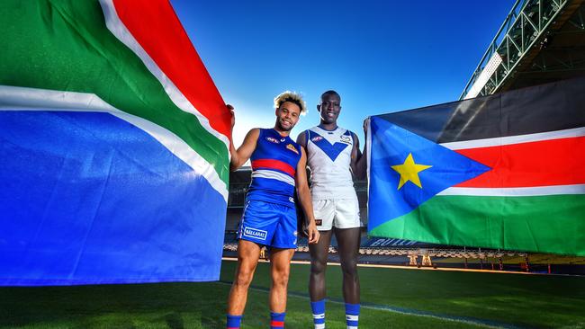 Western Bulldogs’ Jason Johannisen and Daw at the AFL Harmony Game launch at Etihad Stadium. Picture: Tony Gough