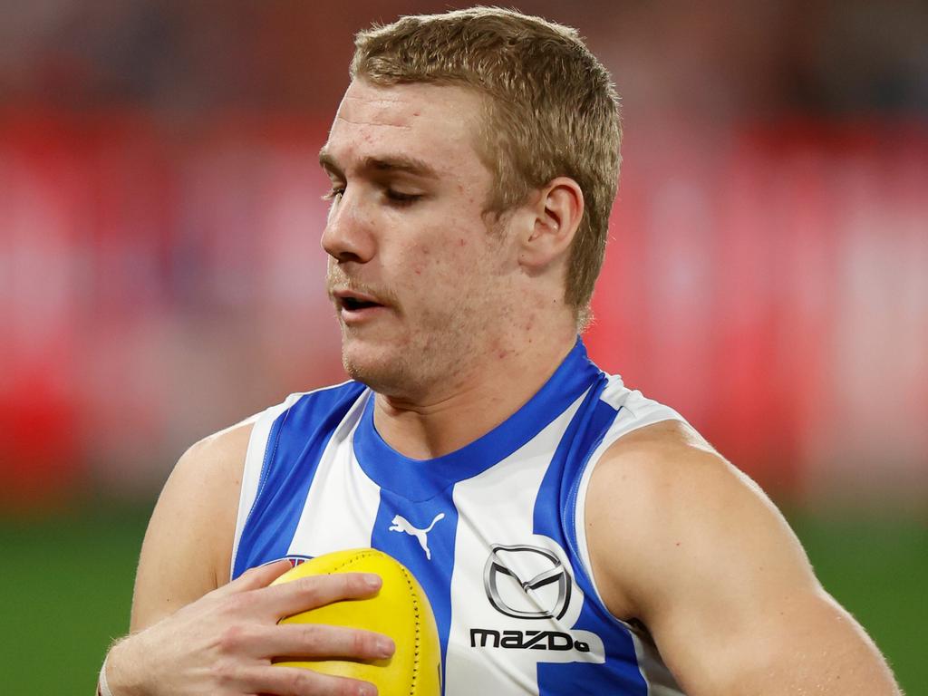 Jason Horne-Francis has paid for a lack of professionalism at times, but is yet to ask for a trade out of North Melbourne. Picture: AFL Photos/Getty Images