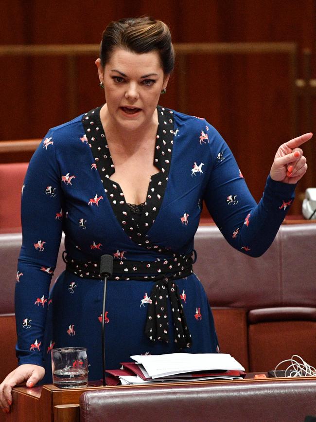 Greens Senator Sarah Hanson-Young is considering a demfation lawsuit against David Leyonhjelm. Picture: AAP Image/Mick Tsikas