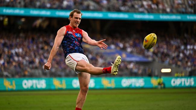 Harrison Petty has filled Max Gawn’s void in the ruck the past fortnight. Picture: Daniel Carson/AFL Photos via Getty Images.