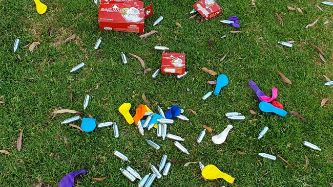 Bags of empty nitrous oxide canisters at the Western Youth Centre Oval on Marion Rd on October 26, 2019.