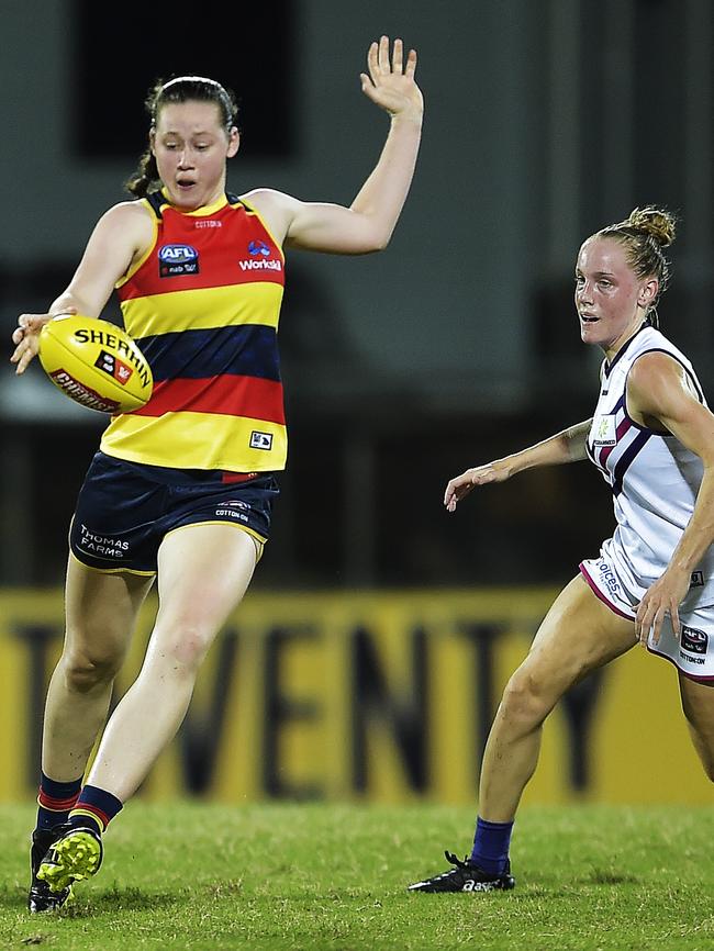 Adelaide Crows player Jessica Allan gets a snapped kick away in their trial game against Fremantle. Picture: Keri Megelus