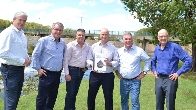 SunWater CEO Glenn Stockton, Mundingburra MP Les Walker, Thuringowa MP Aaron Harper, Glenn Butcher, Townsville MP Scott Stewart and Prof Ross Garnaut announcing the Bradfield Scheme report in Townsville.