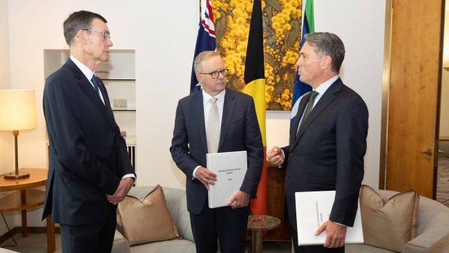 Anthony Albanese and Richard Marles were handed the defence strategic review by Sir Angus Houston in February. Picture: NCA NewsWire / Gary Ramage
