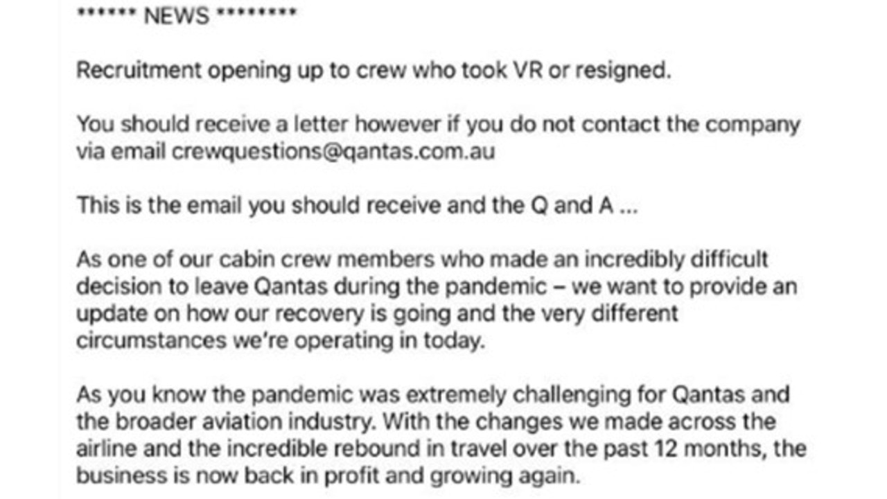 A call out from Qantas was posted on the Flight Attendants’ Association of Australia Facebook group.