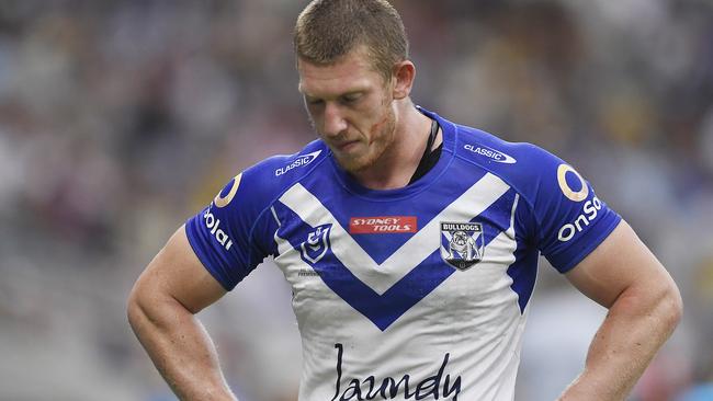 TOWNSVILLE, AUSTRALIA - APRIL 18:  Jack Hetherington of the Bulldogs walks from the field after being sent off during the round six NRL match between the North Queensland Cowboys and the Canterbury Bulldogs at QCB Stadium, on April 18, 2021, in Townsville, Australia. (Photo by Ian Hitchcock/Getty Images)