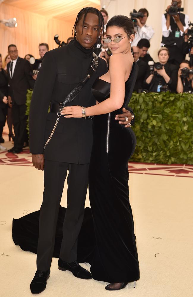 Kylie Jenner and Travis Scott didn’t follow the Heavenly Bodies theme for this year’s Met Gala. Picture: AFP PHOTO / Hector RETAMAL.