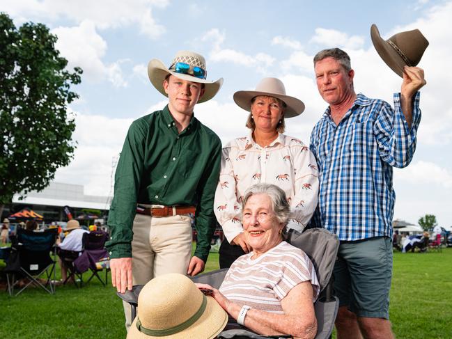 Ready for Lee Kernaghan are (from left) Jack, Suzanne (front), Belinda and Ted Callanan at Wellcamp Airport 10th anniversary community day, Sunday, November 10, 2024. Picture: Kevin Farmer