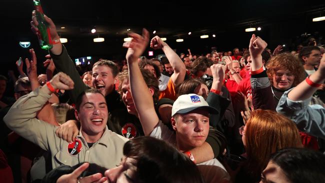 Labor supporters celebrate during the Labor Party election night event at Canterbury-Hurlstone Park RSL Club. Picture: Getty Images