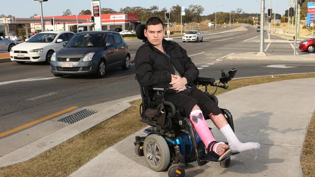 Pimpama local Jaydan Rufus, 20, who has cerebral palsy and is wheelchair bound said the lack of stops was detrimental to those living with a disability who relied on public transport. Picture Glenn Hampson