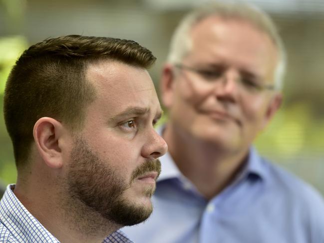 Prime Minister Scott Morrison at the Townsville Suburban Bowls Club. Member for Herbert Phillip Thompson with the PM. Picture: Evan Morgan