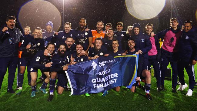 Oakleigh Cannons celebrate victory in the Australia Cup Round of 16.