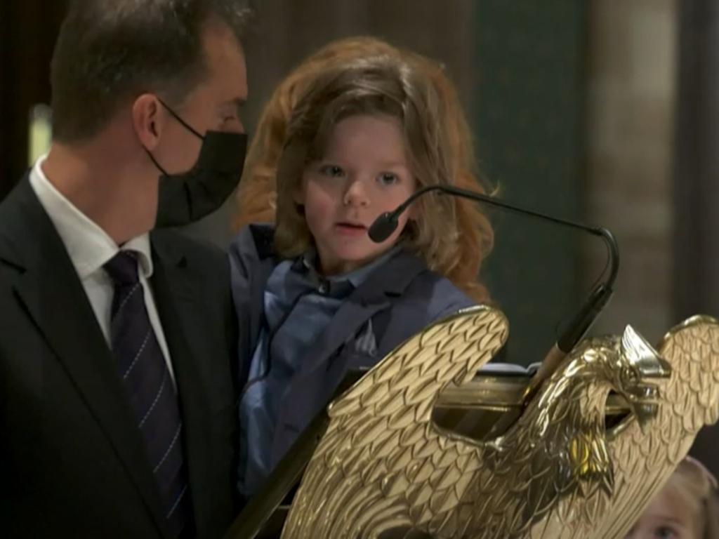 Bert's grandchild Sam reads out a prayer for his ‘Poppy’. Picture: ABC