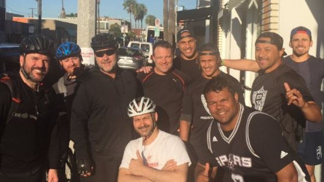 Russell Crowe and his touring NRL entourage on a bike tour of Los Angeles.