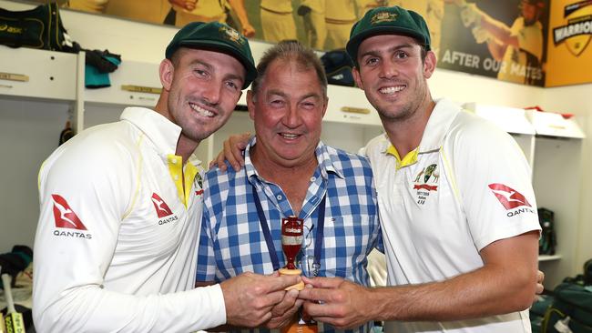 Shaun, Geoff and Mitch Marsh pose with the urn in Perth after winning the 2017/18 Ashes series. Picture: Ryan Pierse/Getty Images