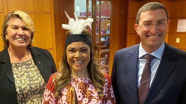 Shadow attorney general Julian Leeser (right) with new indigenous Coalition Senators Kerrynne Liddle (left) and Jacinta Nampijinpa Price (centre). Picture: Facebook/Julian Leeser MP