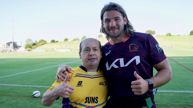 Chris Nolan and Patrick Carrigan from the Brisbane Broncos at Sunshine Coast Stadium on Sunday, February 12, 2023. Picture: Katrina Lezaic