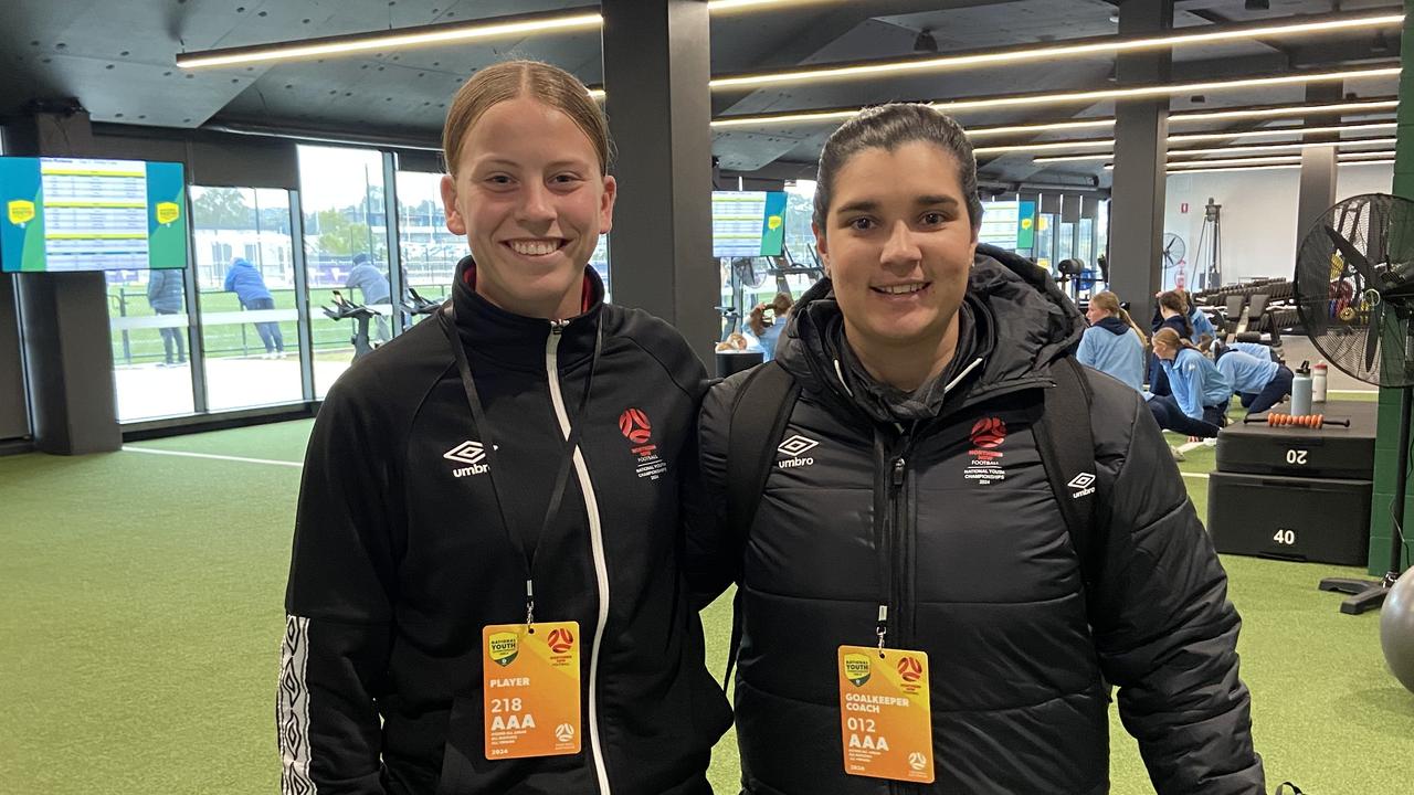 Northern NSW U15 goalkeeper Caoimhe Bray with coach Claire Coelho. Picture: Max Hatzoglou