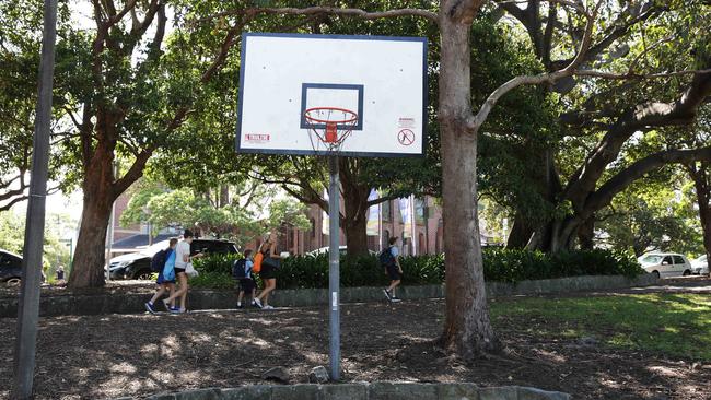 No one was playing after school last week at the basketball hoop near Allan Border Oval; the chains were tangled up. Picture: Virginia Young