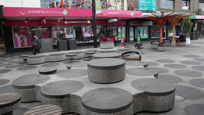 An empty Acland street mall in Melbourne’s St Kilda on Monday. Picture: David Crosling