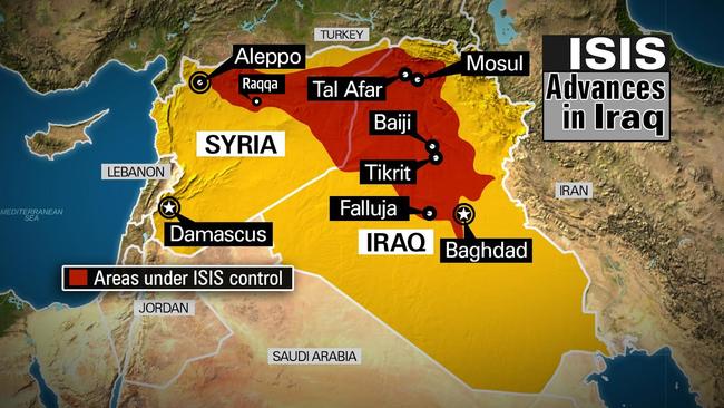 Map of ISIS controlled area in Syria and Iraq.