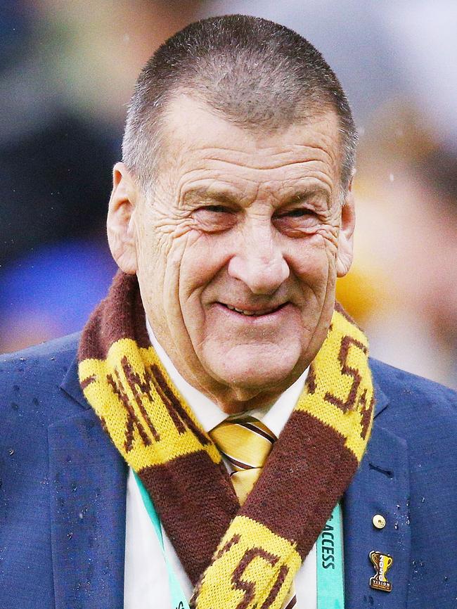 MELBOURNE, AUSTRALIA – AUGUST 11: Hawks President Jeff Kennett celebrates the win during the round 21 AFL match between the Hawthorn Hawks and the Geelong Cats at Melbourne Cricket Ground on August 11, 2018 in Melbourne, Australia. (Photo by Michael Dodge/Getty Images)