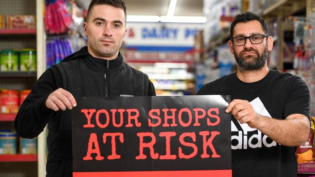 Ben Adili from Dandenong IGA and Mina Dawood from Amalia Europe Cheese Cafe Deli are fighting the possible arrival of supermarket giant Kaufland to the area. Picture: Penny Stephens