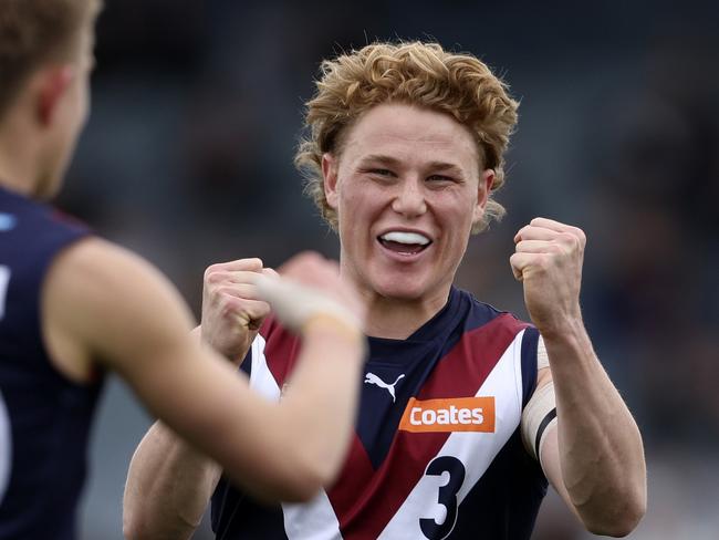 MELBOURNE, AUSTRALIA - SEPTEMBER 21: Levi Ashcroft of the Dragons celebrates a goal during the 2024 Coates Talent League Boys Grand Final match between the Sandringham Dragons and GWV Rebels at IKON Park on September 21, 2024 in Melbourne, Australia. (Photo by Martin Keep/AFL Photos via Getty Images)