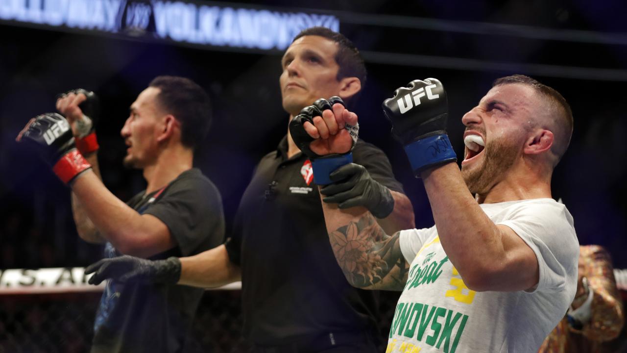 Alexander Volkanovski reacts to the split decision win over Max Holloway.