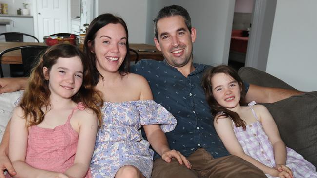 Jessie Sullivan and husband Andrew Schumacher with kids Elizabeth, 10, and Penelope, 7. Picture: Annette Dew